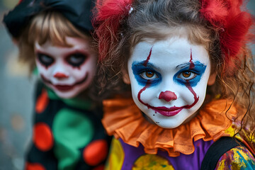 Poster - Children Halloween. Children dressed as creepy clowns with vibrant makeup and colorful costumes