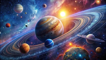 Wall Mural - artistic representation of multiple orbits in space with stars and cosmic background elements