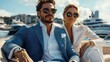 © Somboon - A stylish, wealthy couple wearing sunglasses, relaxing on a luxurious yacht, embodying the high-end lifestyle of modern millionaires