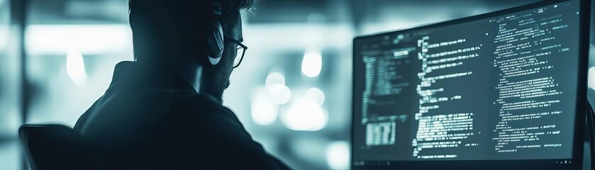 focused programmer working on code in a modern tech environment with dual monitors.