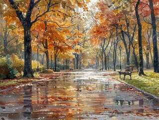 Sticker - Autumn Rain in the Park: A Serene Watercolor Painting