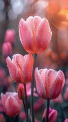 Wall Mural - Pink Tulips with Dew Drops - Beautiful Spring Flowers