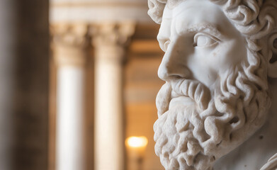 Close-up of a classical marble statue with soft lighting inside an ornate hall with chandeliers.