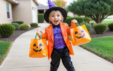 An excited child in a Halloween costume with candy bags is ready for some Halloween fun, trick-or-treating.