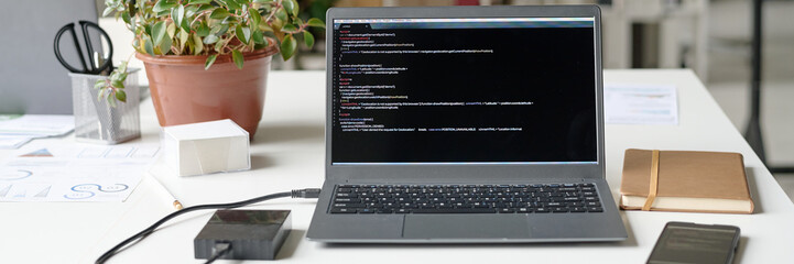 Wall Mural - Website banner of silver laptop with code on screen
