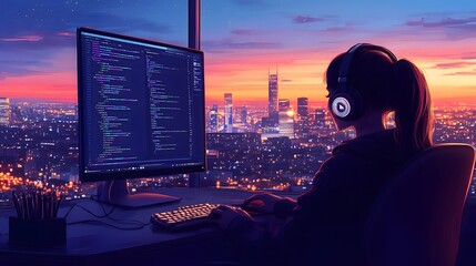 Illustration of woman wearing headphones programming late at night sitting in a chair in the evening, Background is city skyline. Software development in home office. gender gap.