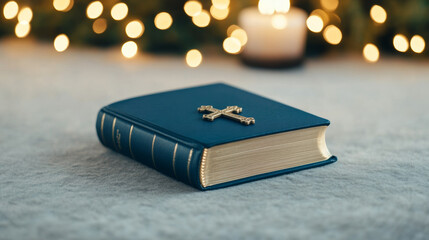 Canvas Print - Holy Bible open with a cross pendant resting on pages festive candle glow in the background 