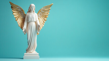 Poster - Isolated angel figure with golden wings and flowing white robes background gradient soft light blues and whites 