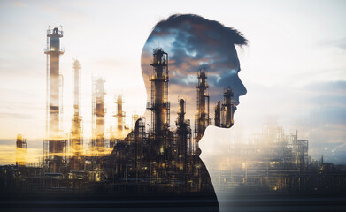 A double exposure silhouette of a man's head overlaid with an industrial refinery scene.