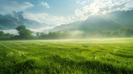 beautifull green field among mist