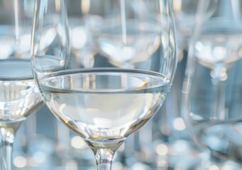 Glassware, wine glass, drinkware, clear glass, reflections, still life A crystal clear wine glass filled with water on a blurred background full of similar glasses, creating an elegant atmosphere