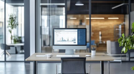 a computer monitor sits on a desk in a large open office space
