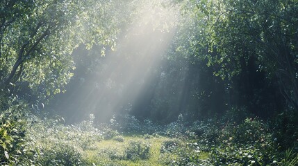 Wall Mural - Serene Forest with Rays of Sunlight and Lush Greenery