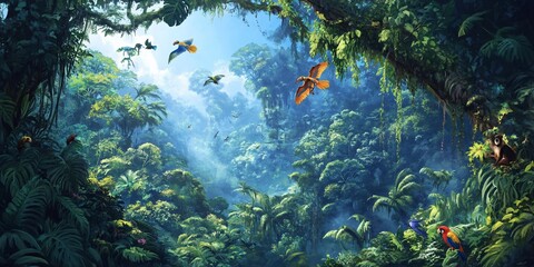 Sticker - Lush green tropical jungle with blue sky and flying birds, vibrant green leaves and a monkey sitting on a branch.