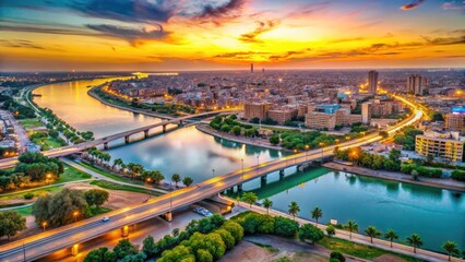 Wall Mural - Beautiful panoramic view of Ahvaz city with river, bridges, and modern architecture at sunset