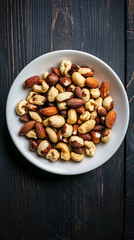 Assortment of tasty nuts spills out of a white dish onto a vintage black wooden table