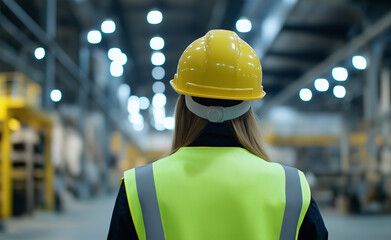 A worker wearing a hard hat and reflective vest, standing in a large industrial warehouse.