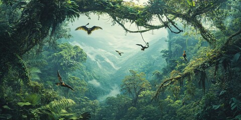 Sticker - Lush rainforest with canopy, fog, and birds flying through the trees.