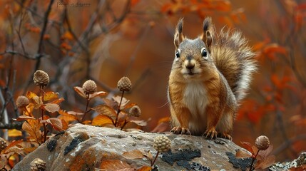 Wall Mural - Cute Red Squirrel in Autumn Forest - Wildlife Photography