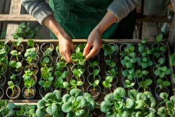 Gardener's hands tending young green seedlings