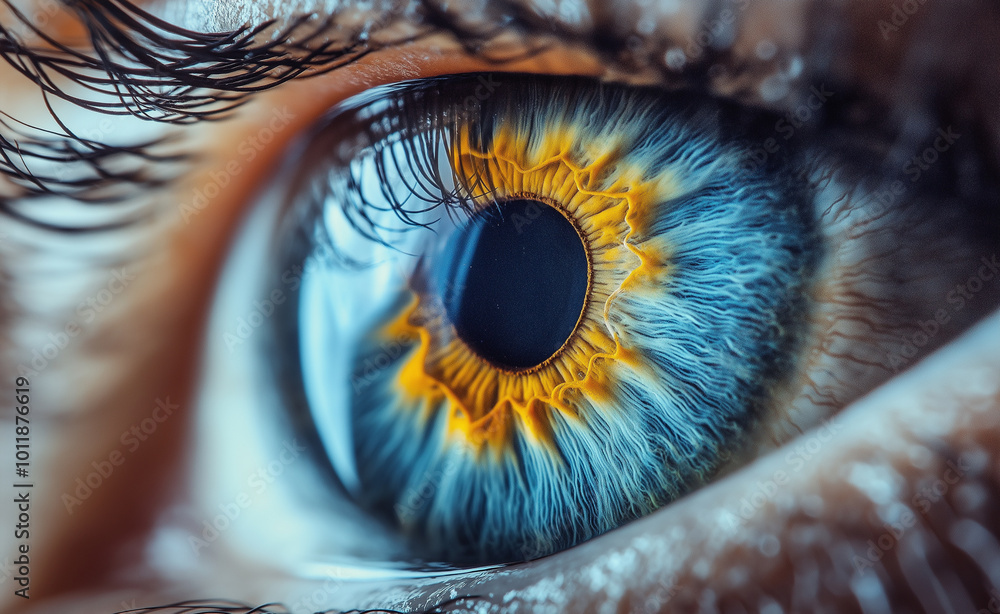 Extreme close-up of a human eye with blue and golden colors in the iris ...