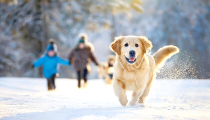 Golden Retriever rennet durch den Schnee im Hintergrund Kinder 