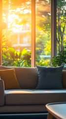 Poster - Sunlit living room with cozy sofa and large windows overlooking lush greenery, creating a serene and inviting atmosphere for relaxation and contemplation.