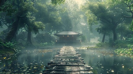 Poster - Tranquil Forest Scene with Wooden Bridge and Pavilion