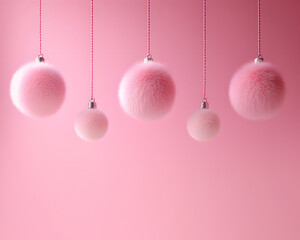 Soft pink balls, elegant, ethereal winter holidays decoration, pastel pink color palette. Creative copy space.