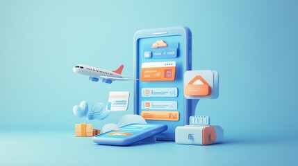 3D illustration of mobile travel booking app with airplane and luggage on a light blue background