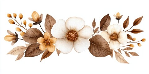 Elegant floral arrangement featuring soft beige and brown flowers on a white background, perfect for home decor and design projects.