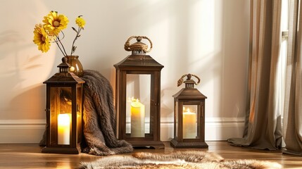 Wall Mural - Three wooden lanterns with glass and rope handles