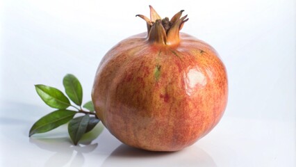 A ripe pomegranate with green leaves on a white background.