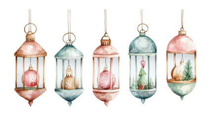 Wall Mural - Watercolor Christmas Lanterns with Ornaments.