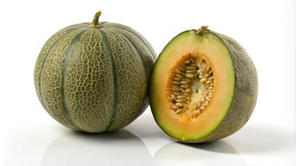 Wall Mural - Whole and halved cantaloupe melon with seeds on white background.