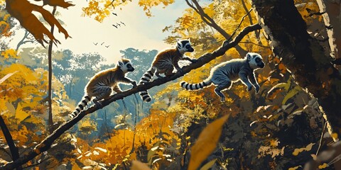 Sticker - Three lemurs sitting on tree branches in a lush jungle setting, with yellow autumn leaves in the background.