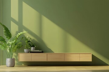 Wall Mural - Modern TV Cabinet with Green Wall in Minimalist Interior Design