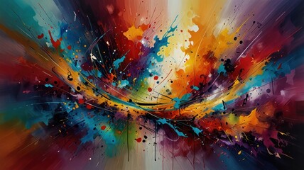 Abstract painting with vibrant colors in a dynamic composition.