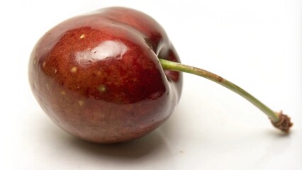 Wall Mural - A single, ripe cherry with a green stem and a shiny, red exterior isolated on a white background.