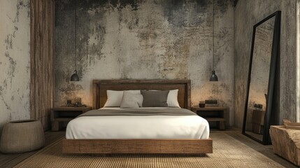 Canvas Print - Modern Minimalist Bedchamber Interior with Concrete Wall Decor and Rustic Elements