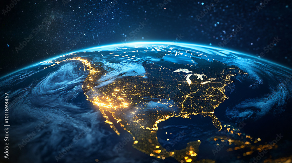glowing earth from space north america at night with city lights and ...