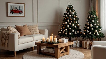 Wall Mural - Christmas composition of warm living room interior