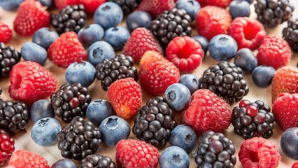 Wall Mural - A close-up shot of a variety of fresh berries, including raspberries, blueberries, and blackberries, spread across a wooden surface.