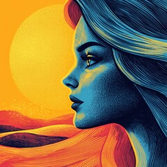 A vibrant silhouette of a woman against a glowing sunset in a stylized desert landscape