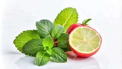 Wall Mural - Fresh mint leaves and a halved lime on a white background.