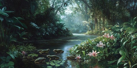 Sticker - Lush green jungle river with four frogs resting on lily pads.