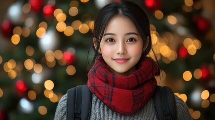 Wall Mural - Portrait of a young Asian woman wearing a red scarf with Christmas lights in the background