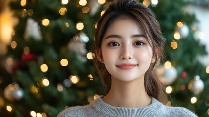 Wall Mural - Smiling young woman posing in front of a Christmas tree with bokeh lights in a cozy indoor setting