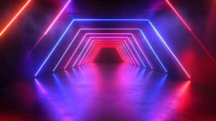 Wall Mural - 3d render of a neon lit tunnel with glowing pink, blue and red lines