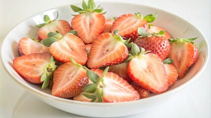 Wall Mural - Freshly sliced strawberries in a white bowl.